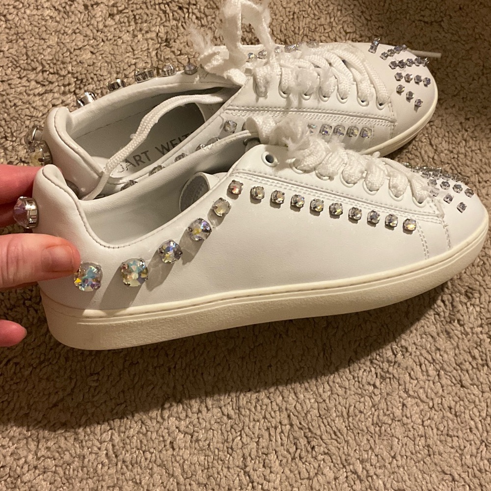 Stuart Weitzman White Crystal-Embellished Sneakers